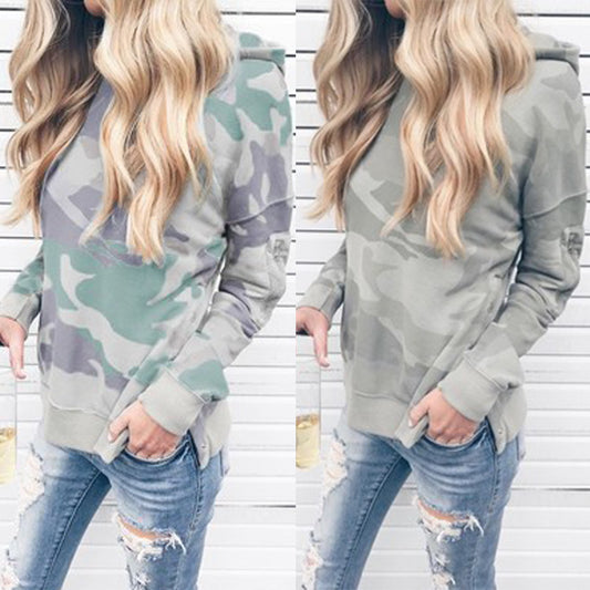 Camouflage hooded pullover long sleeve sweater