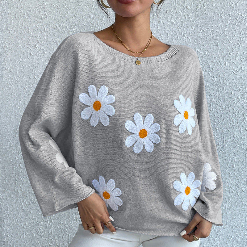 New Loose Bat Sleeve Sweater For Women Tops Embroidered