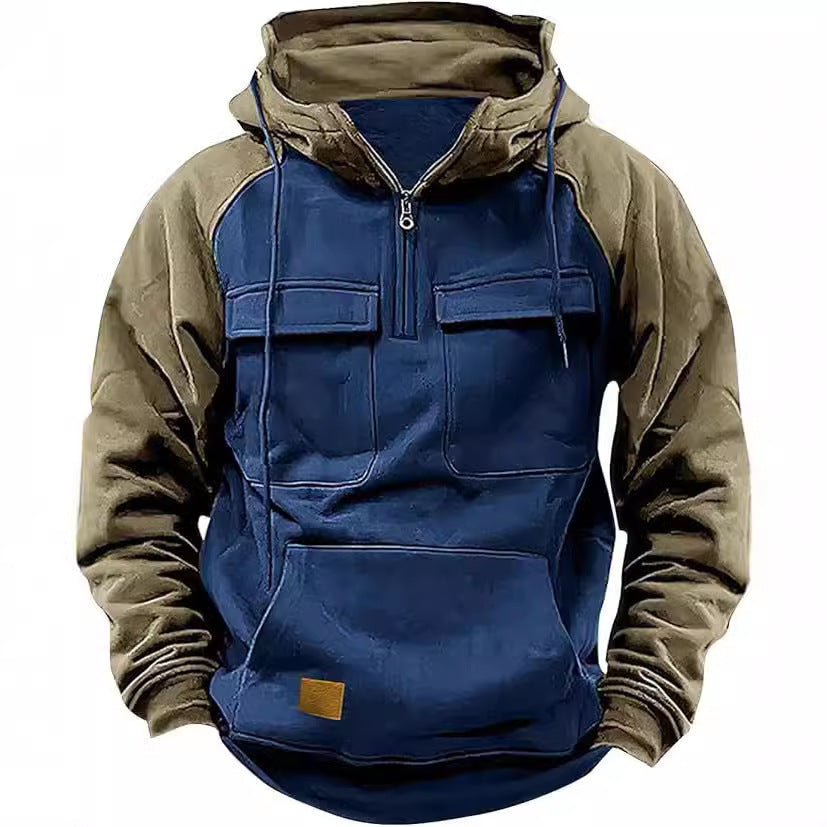 Fall Winter Retro Cargo Hoodies Men's Half Zipper Hooded