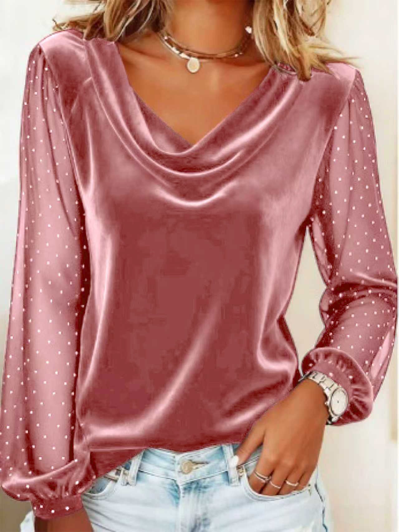 Women's Long Sleeve V-neck Velvet T-Shirt Women Elegant