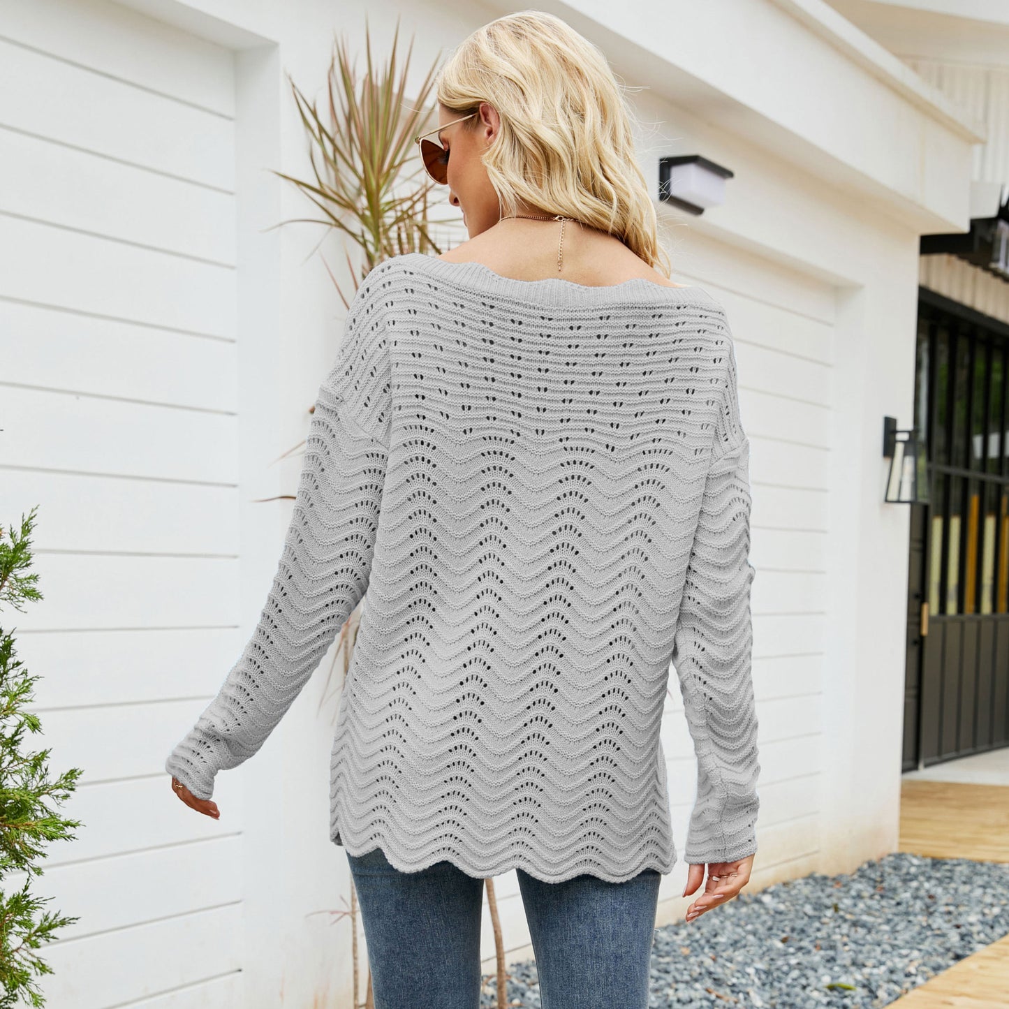 Hollow Pullover Lace Knit Word Neck Off Shoulder Sweater