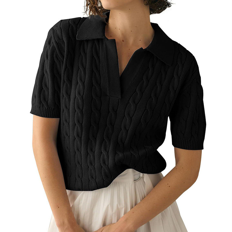 Women's Polo Collar Short-sleeved Knitted Sweater Pullover