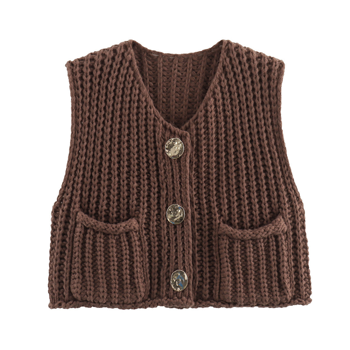 Women's Pocket Sleeveless Short Knitted Cardigan Vest Shirt