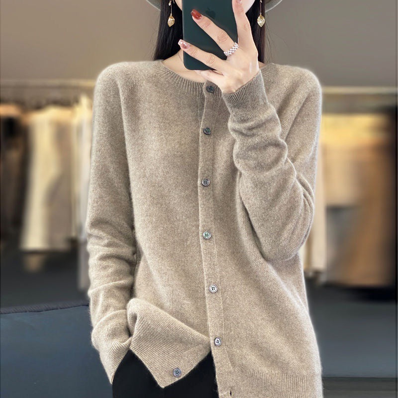 Fashion Merino Wool Cardigan Sweater Women O-Neck