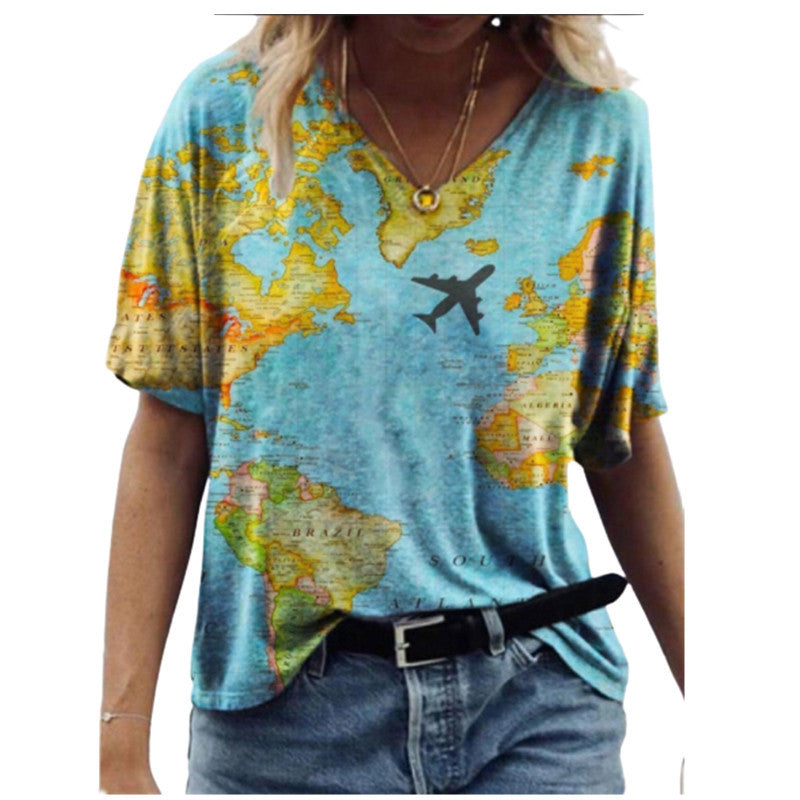 Map Print V-Neck Short-Sleeved T-Shirt