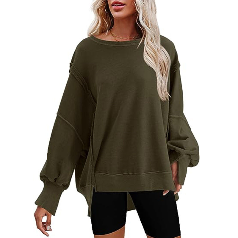 Pullover Sweatshirt Loose Round Neck Side Slit Long Sleeve