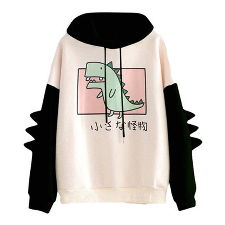 Dinosaur Print Hooded Drawstring Loose Plus Velvet Sweater Women