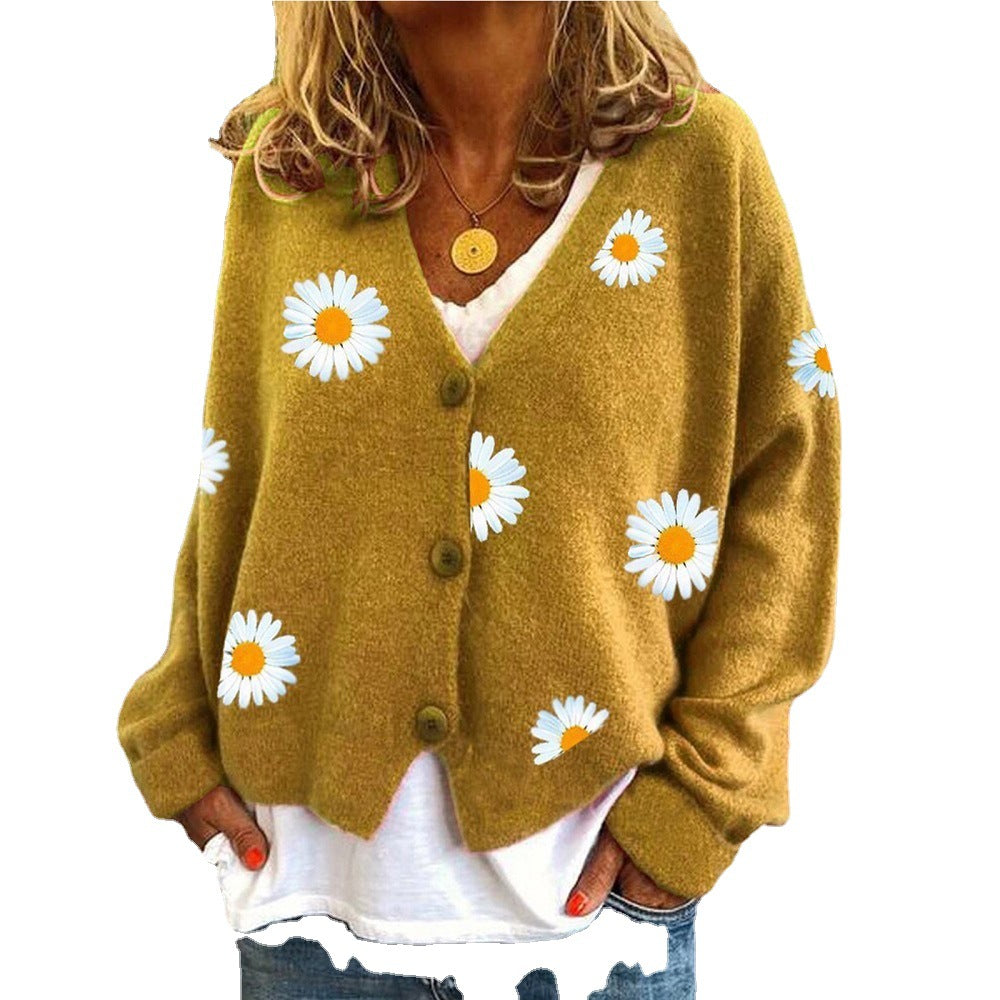 Women's Single Breasted Sweater Chrysanthemum Embroidered