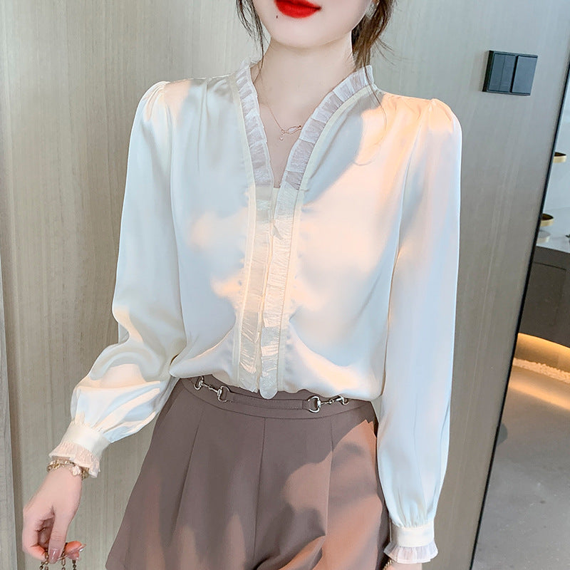 Sweet Wood Ear Chiffon White Shirt Women