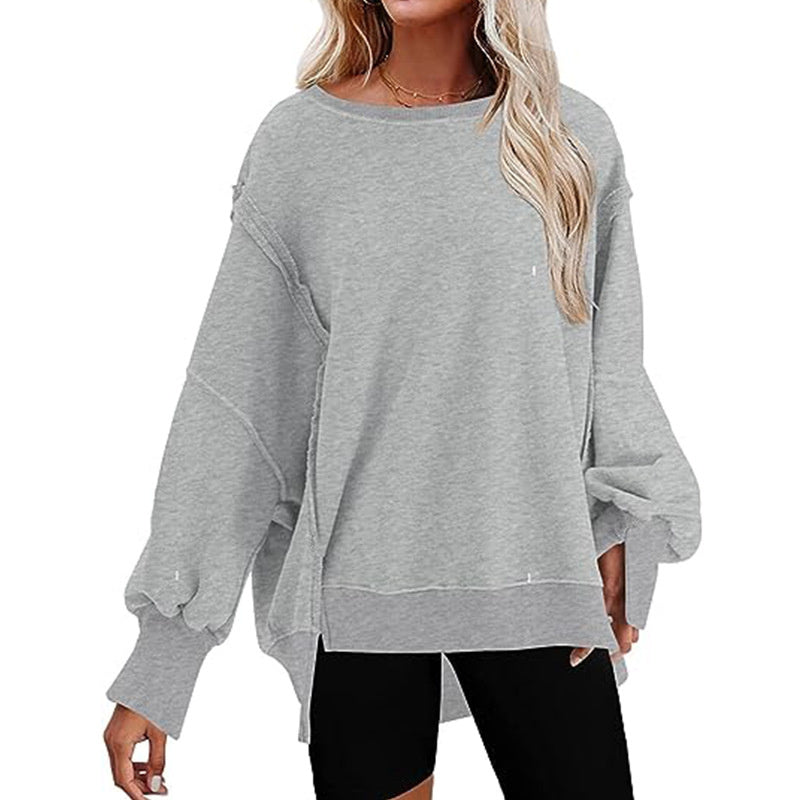 Pullover Sweatshirt Loose Round Neck Side Slit Long Sleeve