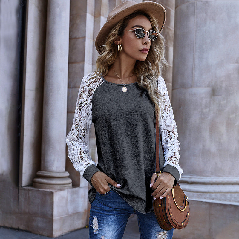 Hollow Lace Long-sleeved Round Neck Sweater Women Autumn