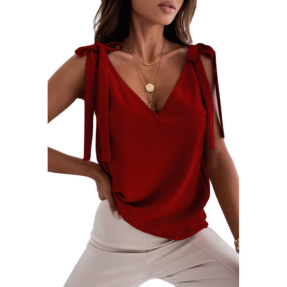 Bowknot Tie Up Camisole V-neck Shirts Women Summer Tops