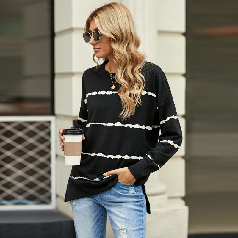 Women's Loose Long-Sleeved Hoodless Striped Printed Sweater