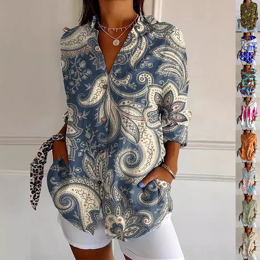 Flowers Print Long Sleeve Shirt Fashion Stand Collar