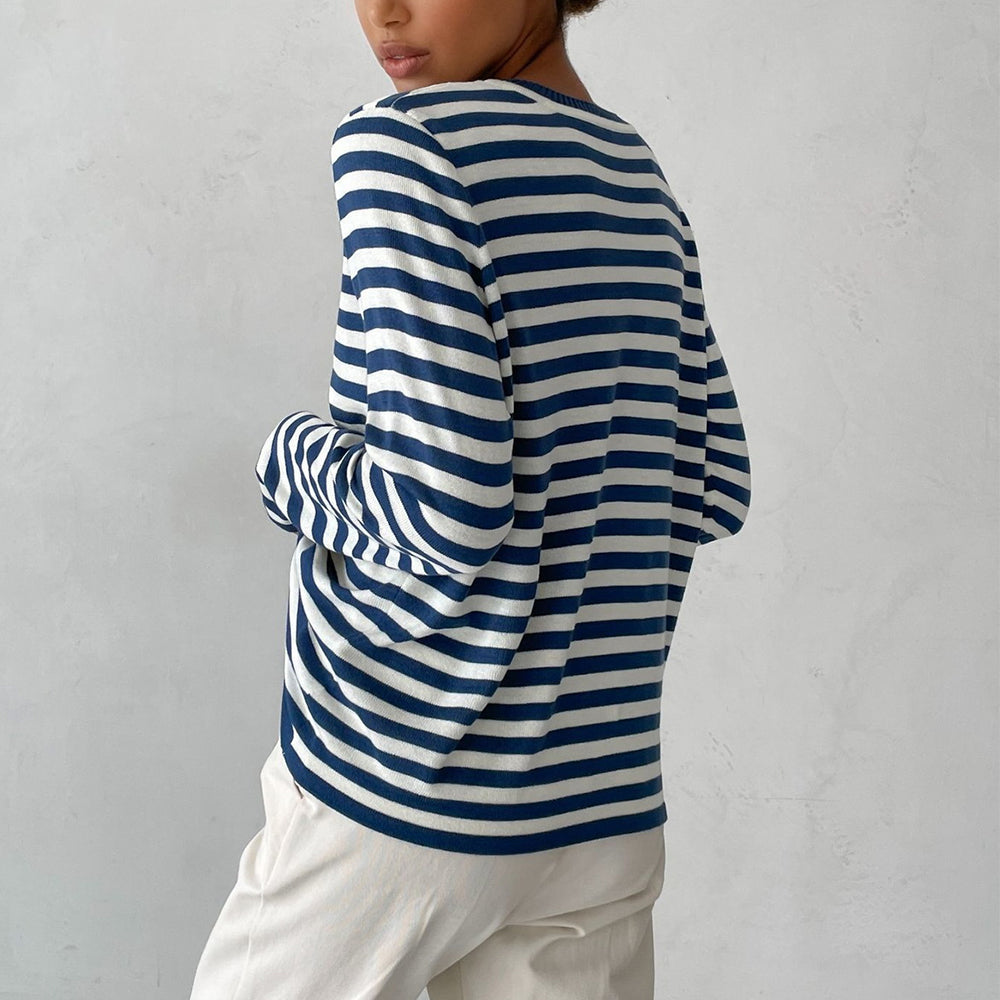 New Knitted Striped Long Sleeved Sweater Versatile Pullover