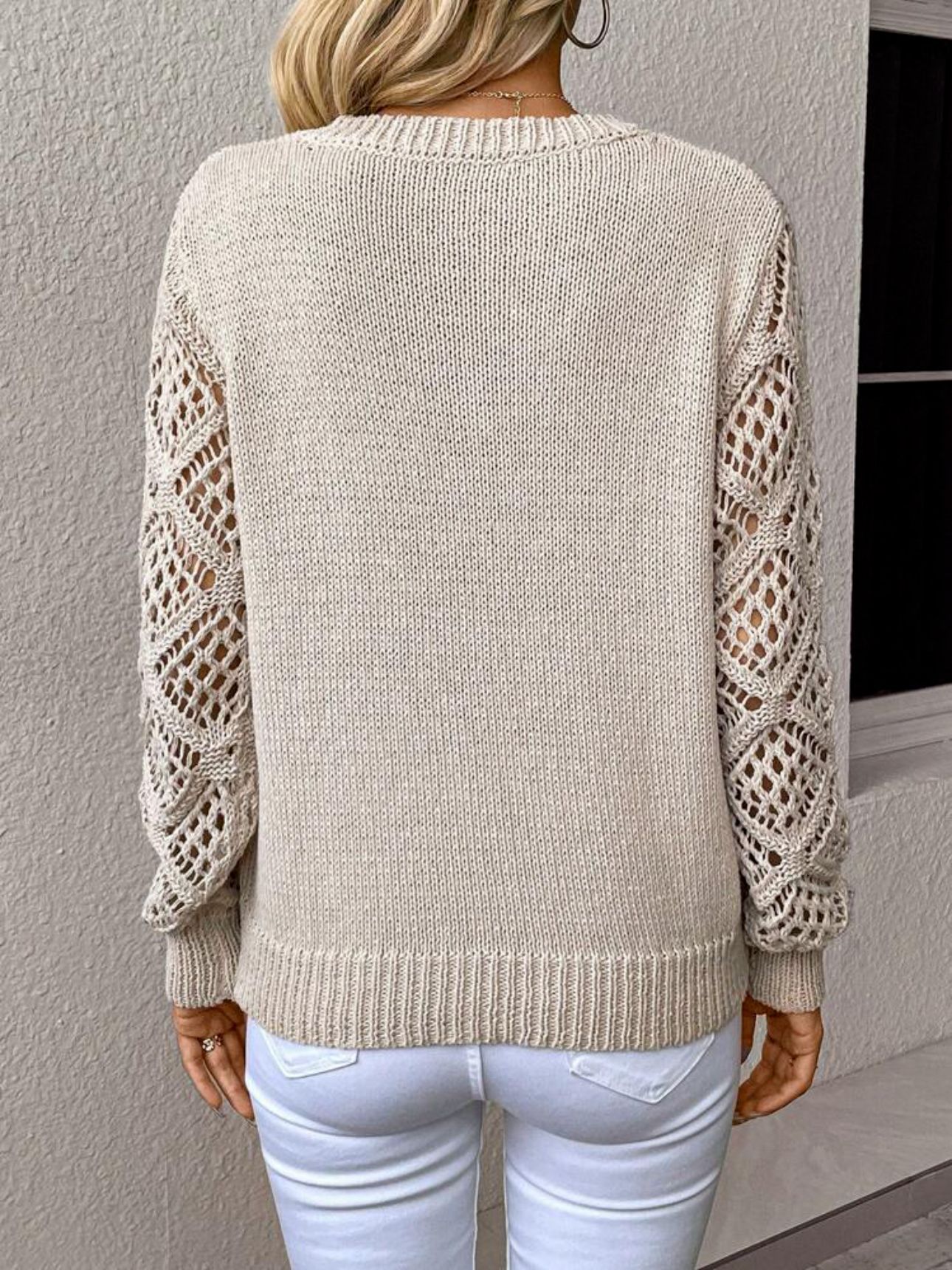 Solid V-neck Pullover Sweater With Hollow Long Sleeve Fashion