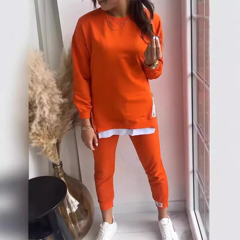 Women's Sports Suit Fashion Slit Design Sweatshirt Top And Slim-fit