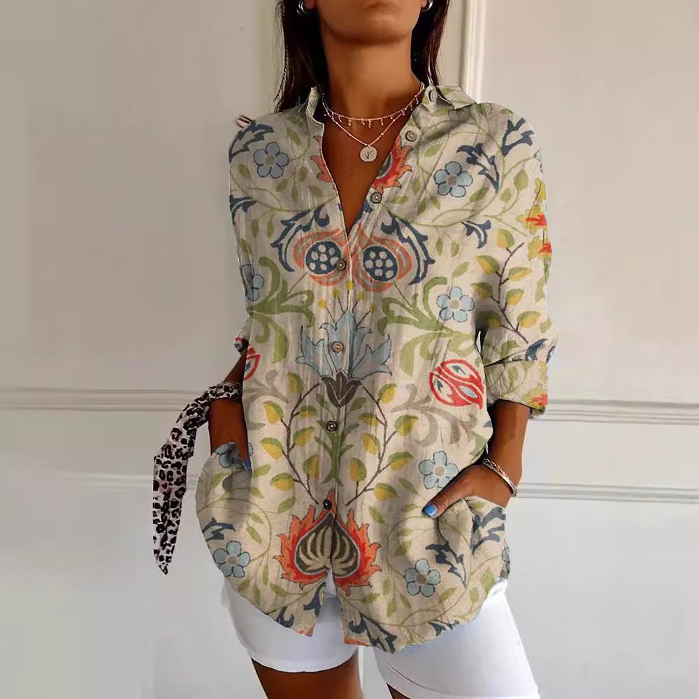 Flowers Print Long Sleeve Shirt Fashion Stand Collar
