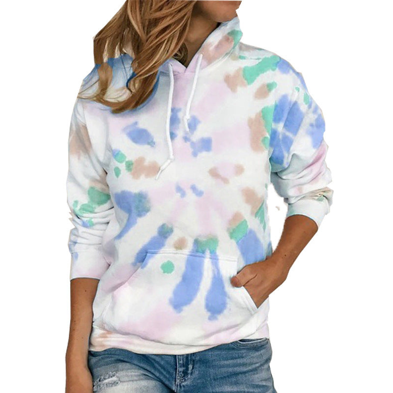 Long Sleeve Casual Tie Dye Print Colorful Hooded Long Sleeve Sweatshirt