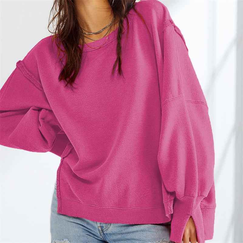 Pullover Sweatshirt Loose Round Neck Side Slit Long Sleeve