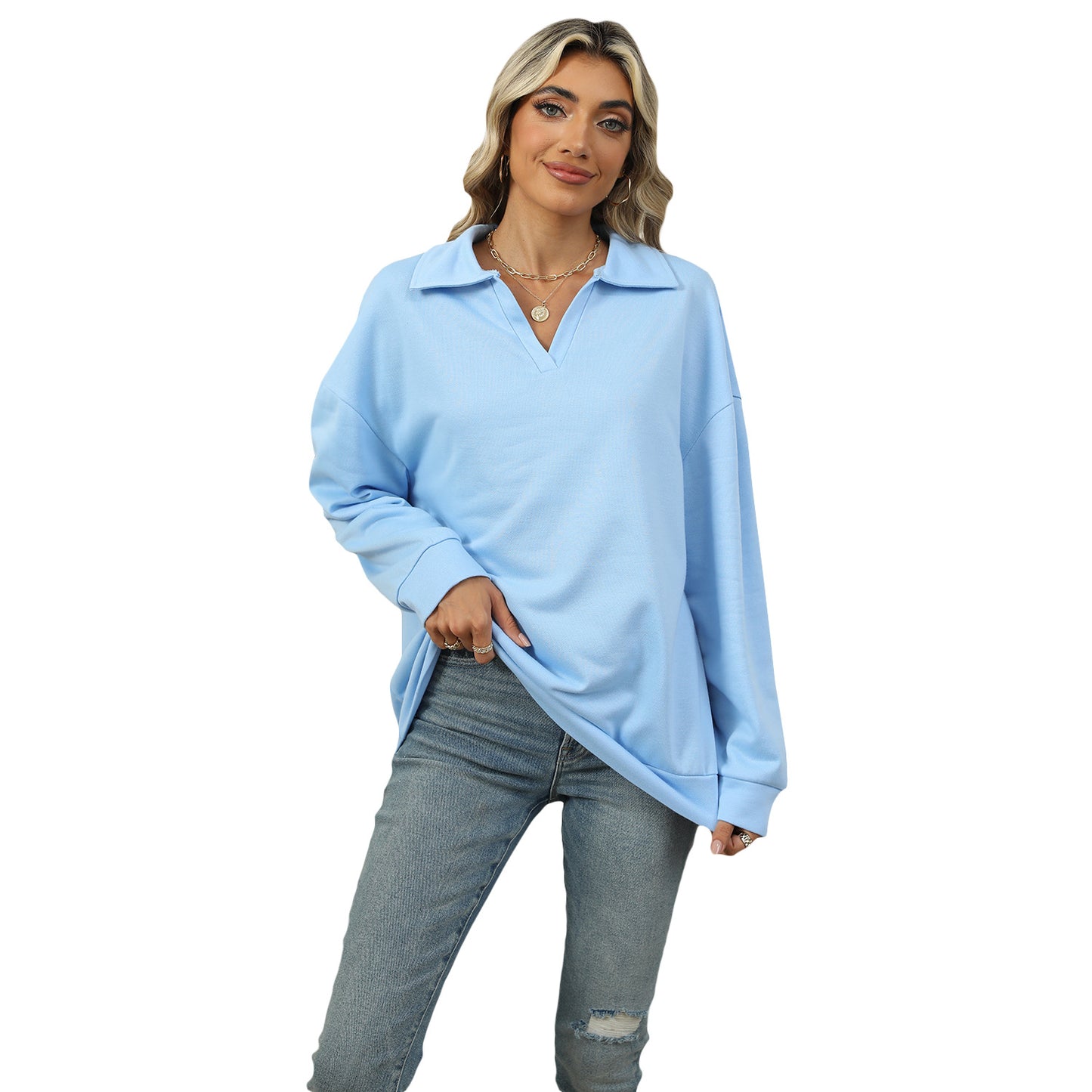 New Lapel V-neck Sweatshirt Fashion Casual Loose