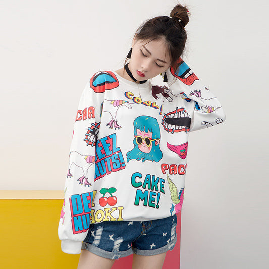 Harajuku Style Full Letter Polyester Loose Long-Sleeved Round Neck Sweater