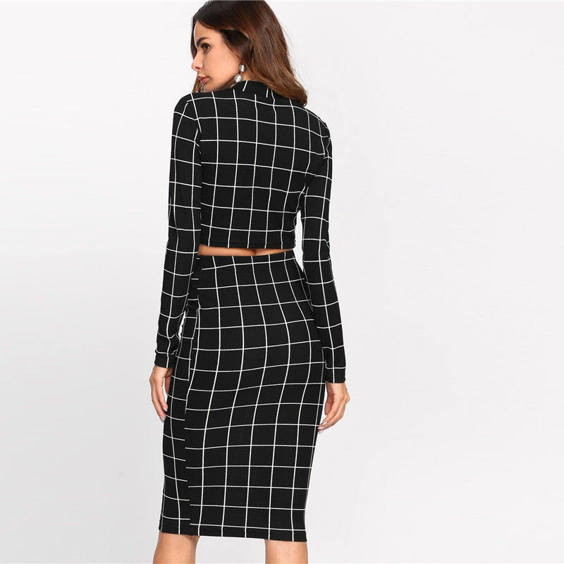 Stand Collar Long Sleeve 2 Piece Set Women Crop Grid Top