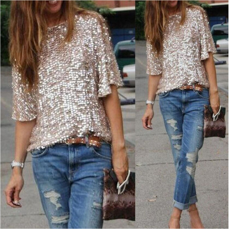 New Fashion Women Sexy Loose Off Shoulder Sequin Glitter Blouses