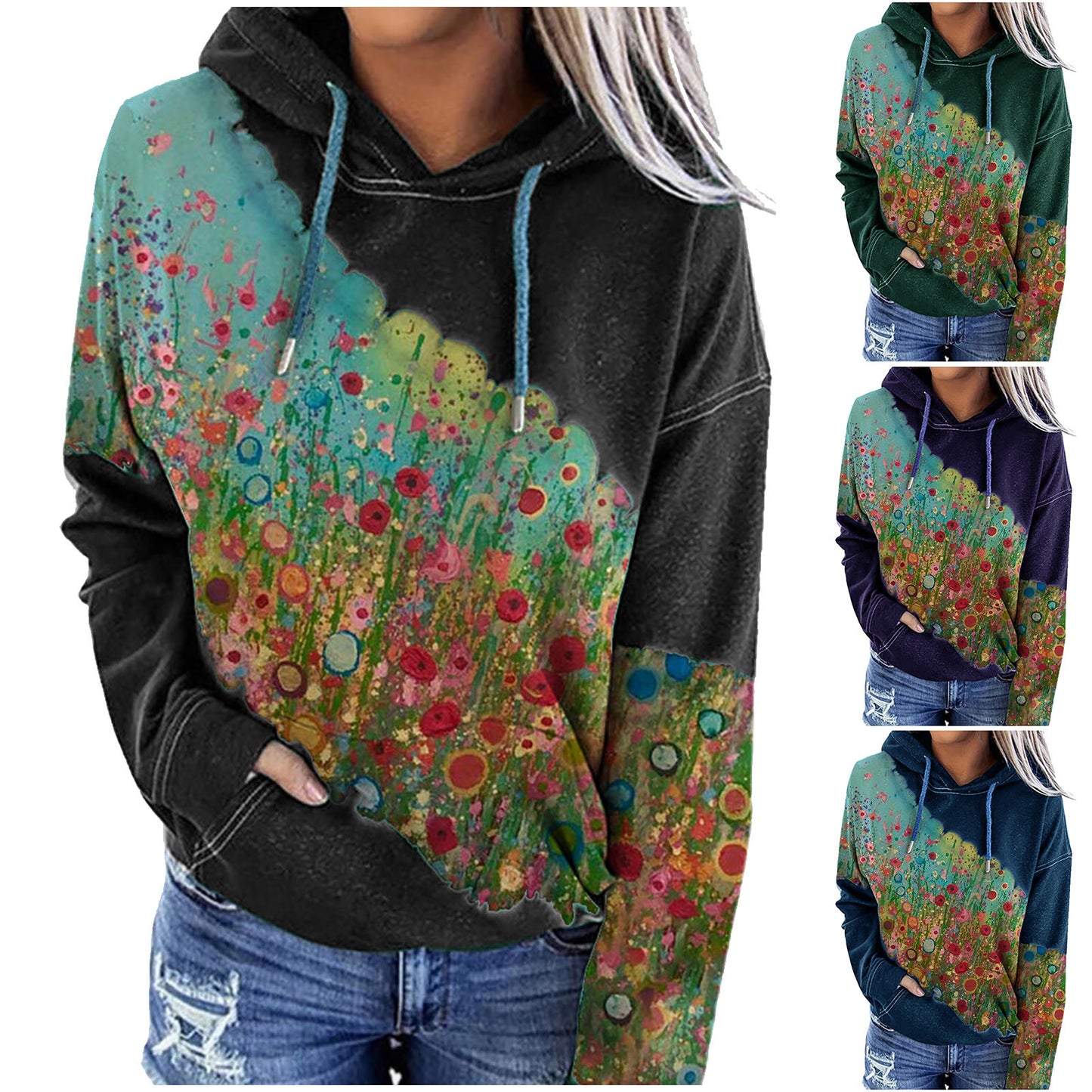 Flower print hooded long-sleeved sweatshirt