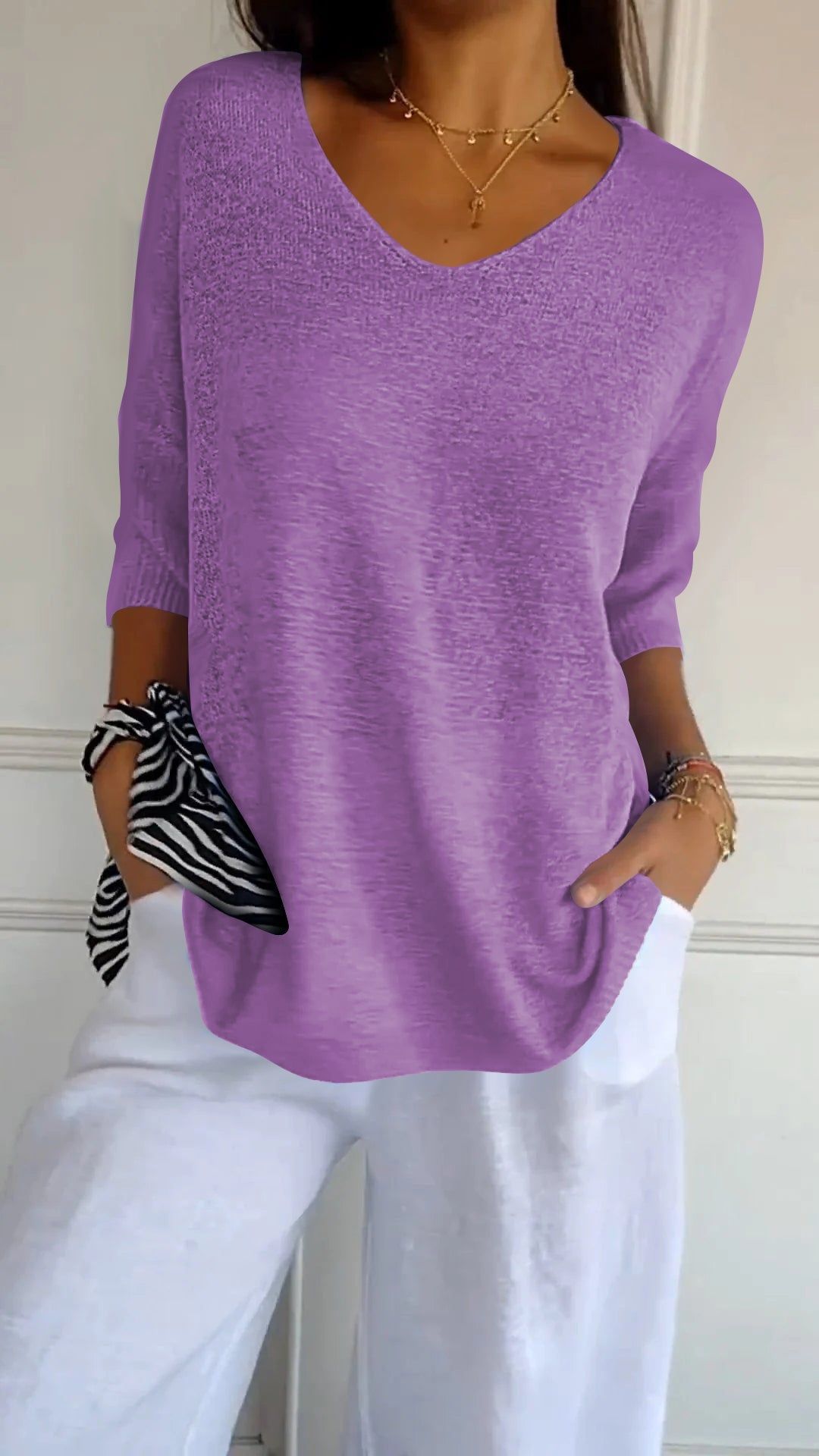Solid Long Sleeve Sweater Slimming V-neckline Knitwear