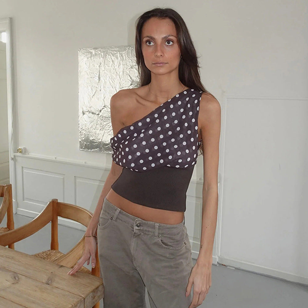 Polka Dots Print Oblique Shoulder Tops