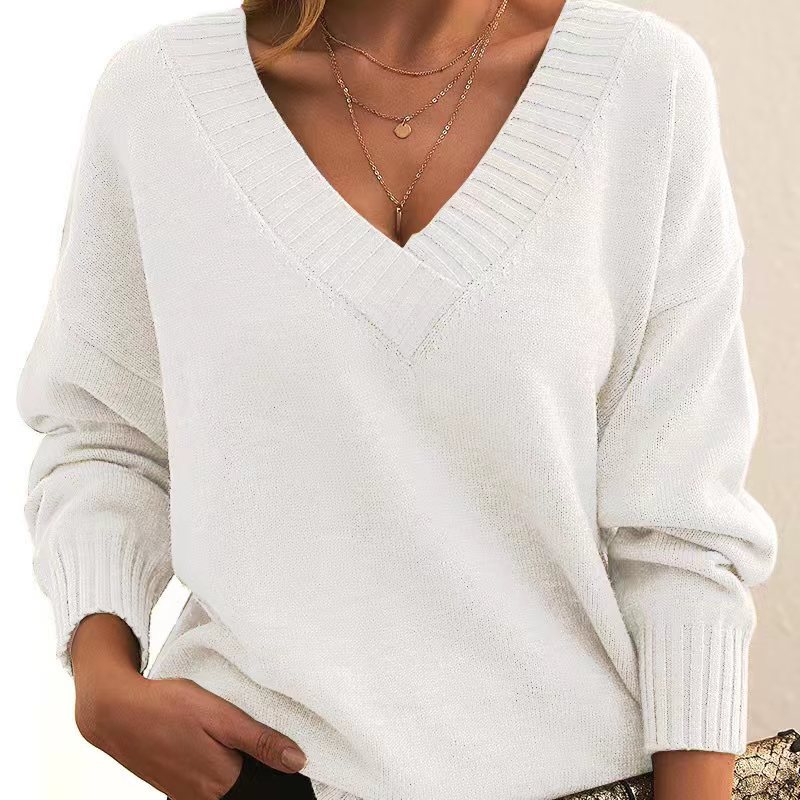Solid V-neck Sweater Fashion Loose Long-sleeved Knitted