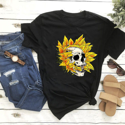 Skull Sunflower Print Short Sleeve Women