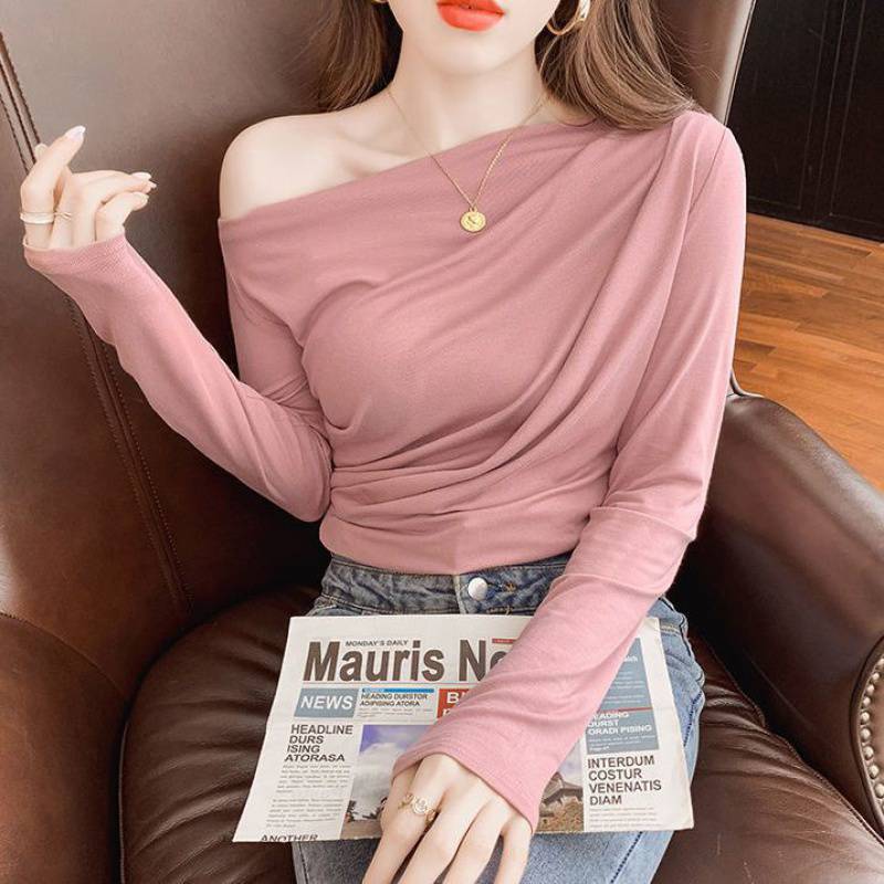 Pleated Collarbone Off-shoulder Shoulder-baring Top Slimming