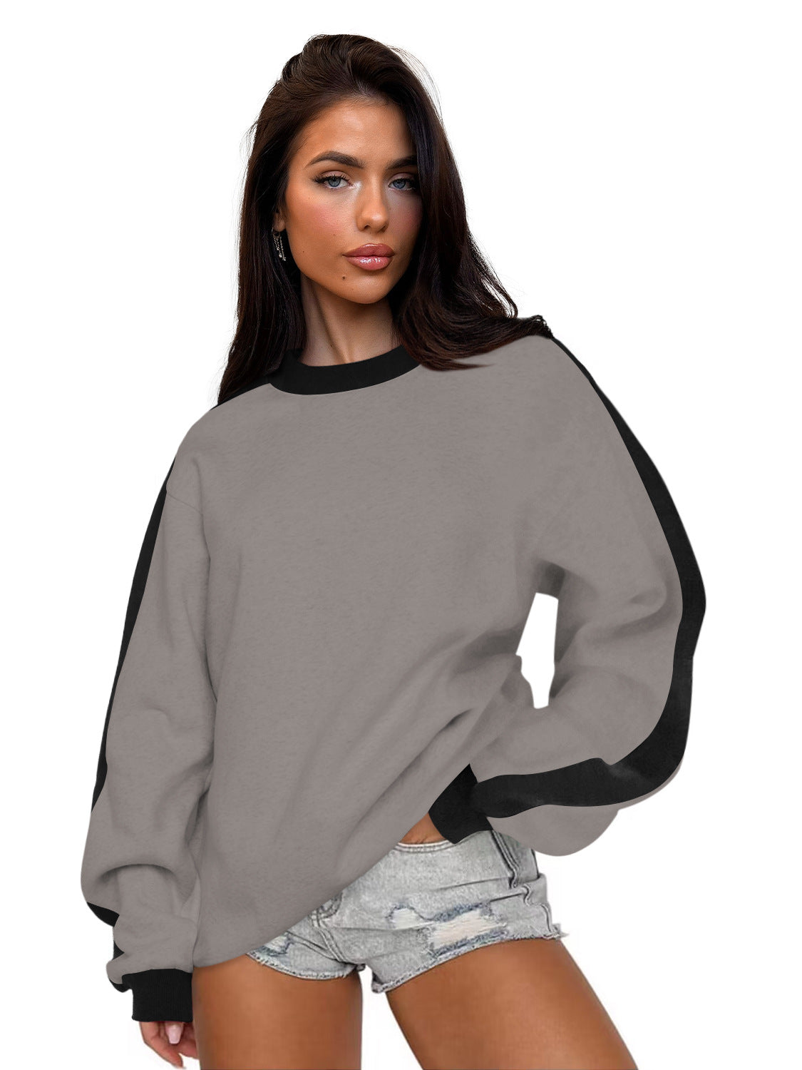 Women's Contrast Color Round Neck Loose Sweater
