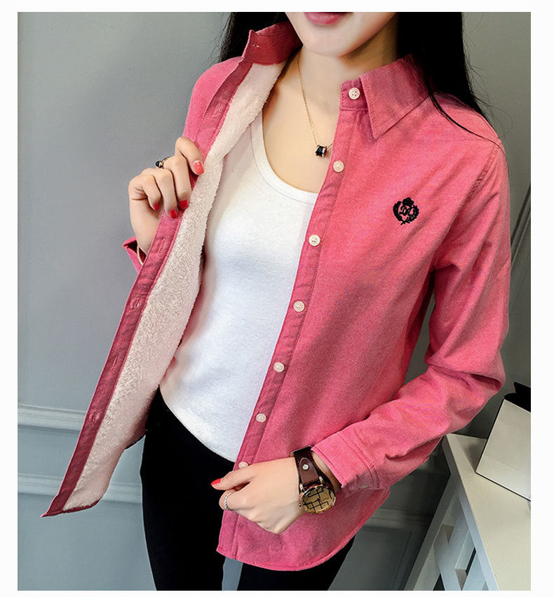 New student embroidery plus velvet shirt women long-sleeved