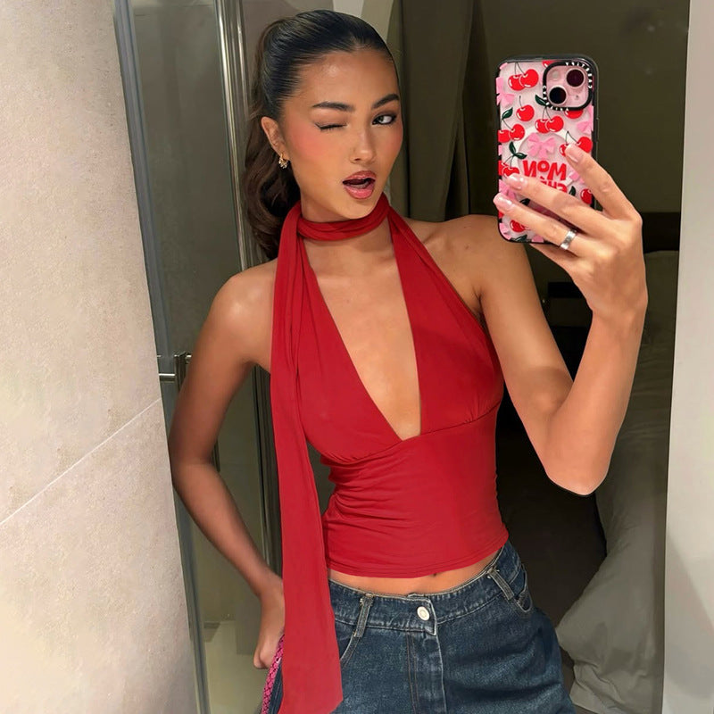 Deep V-neck Halter Tops Summer Fashion Clothing