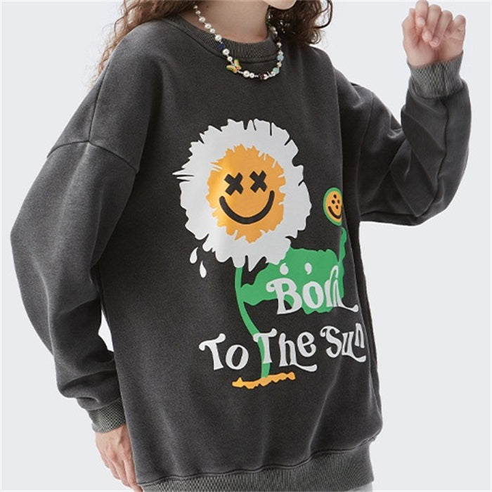 European And American Sunflower Foam Print Plus Velvet Round Neck Sweater