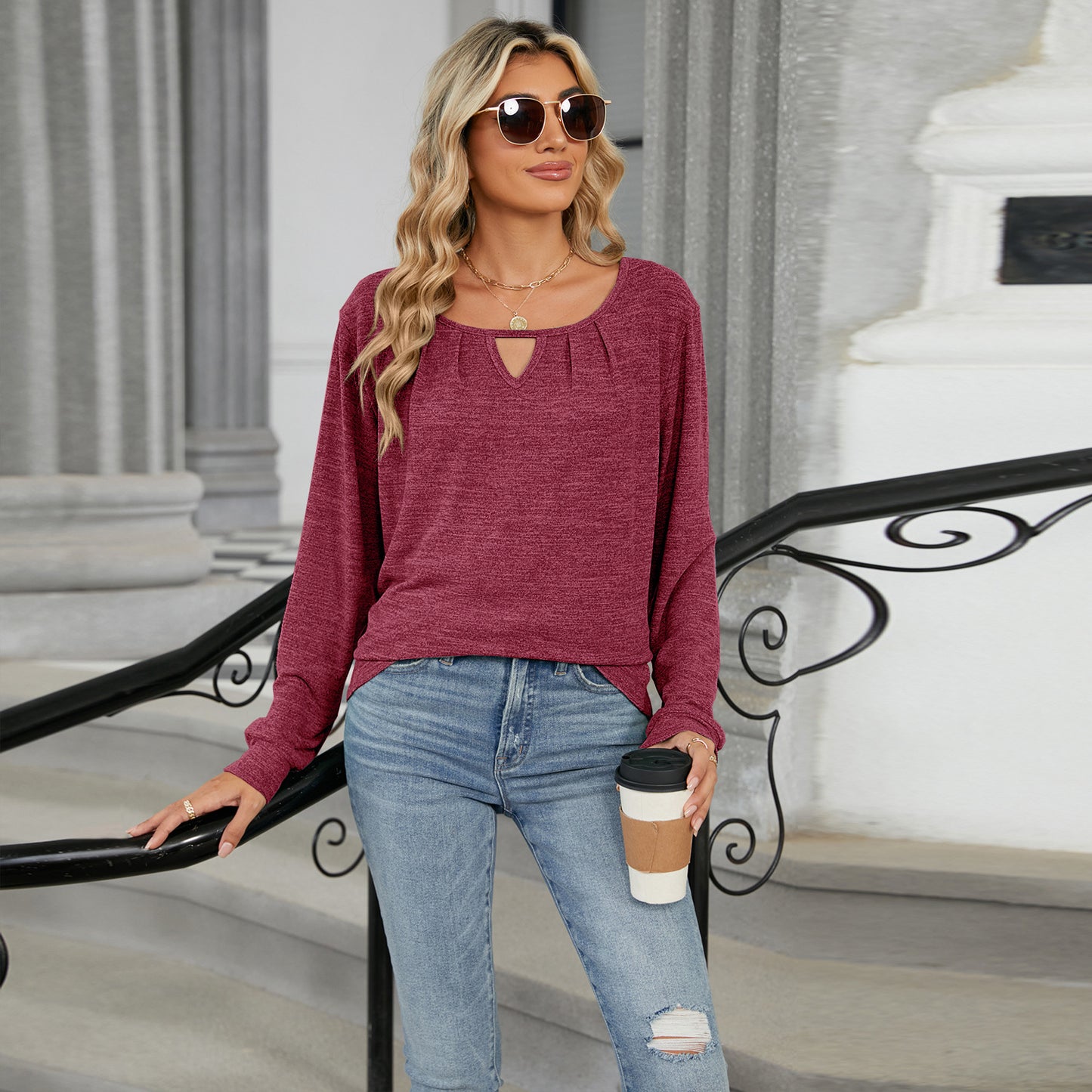 Solid Color Loose Long Sleeve T-shirt Fashion Tops