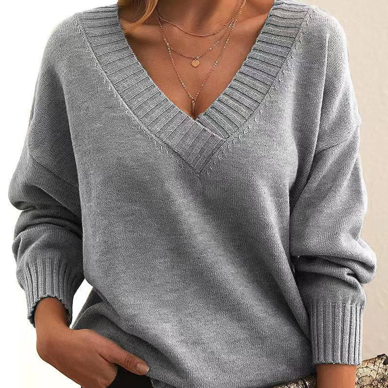 Solid V-neck Sweater Fashion Loose Long-sleeved Knitted