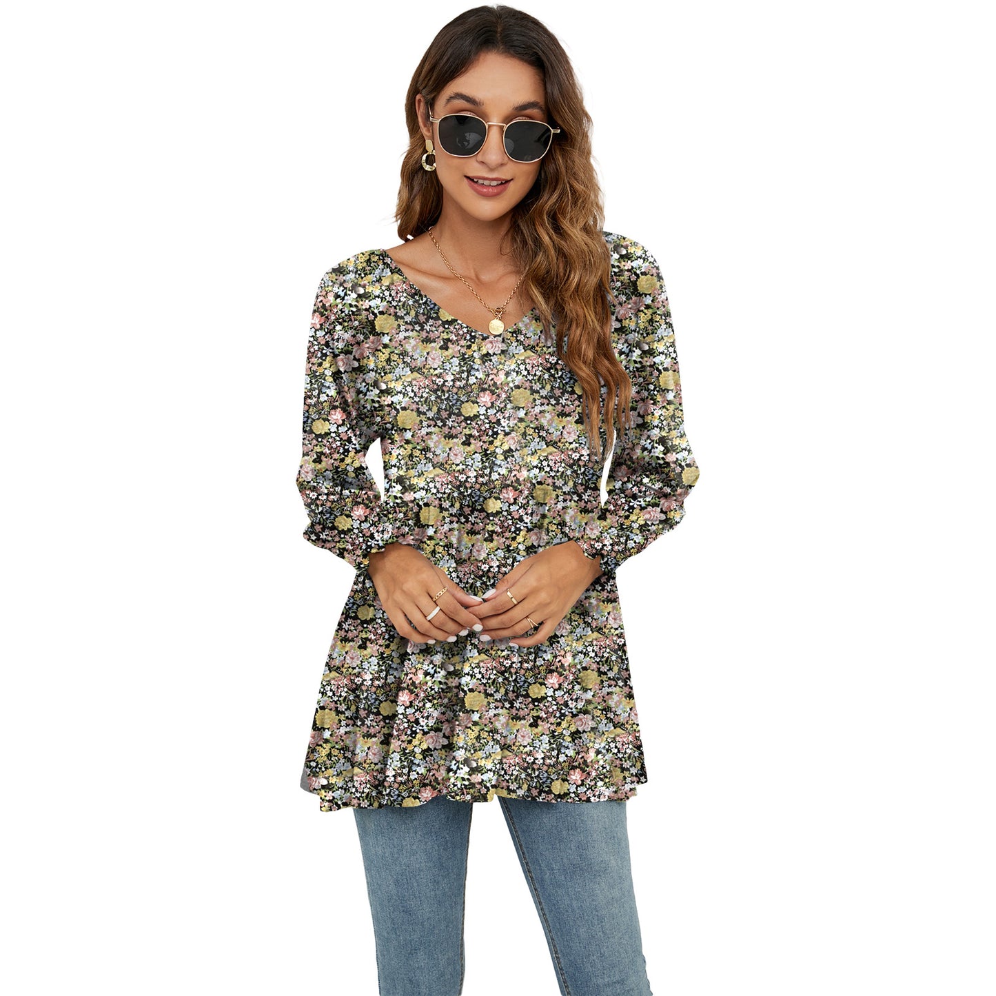 Long Puff Sleeve Tops Women Flowers Print Casual V-Neck