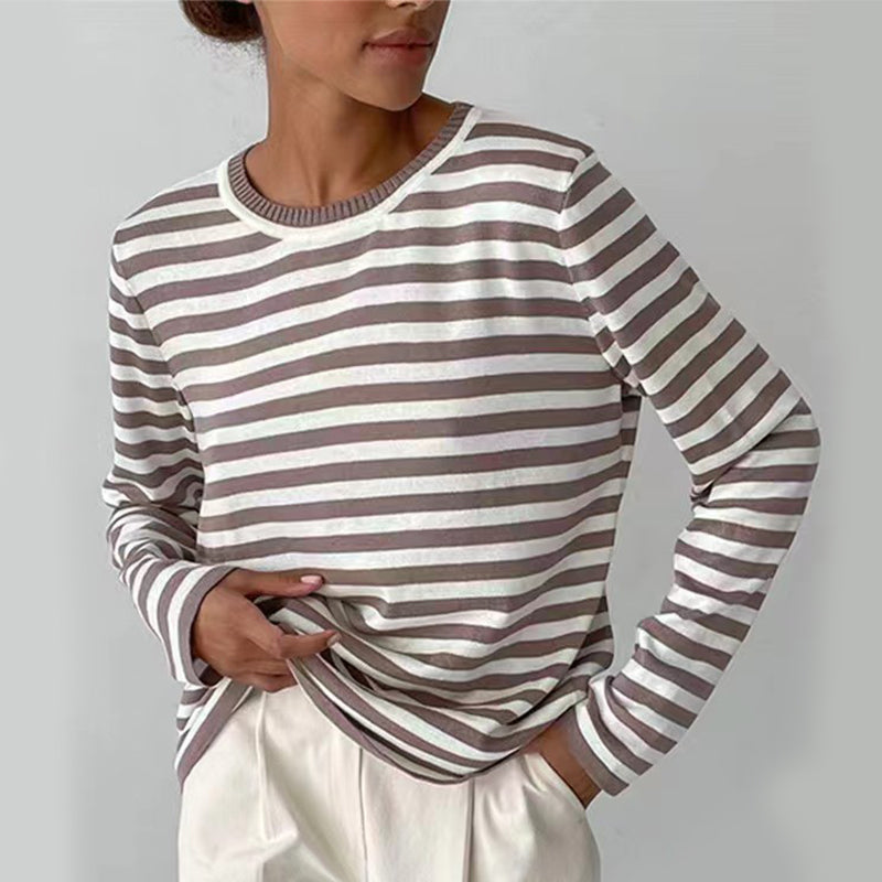 New Knitted Striped Long Sleeved Sweater Versatile Pullover