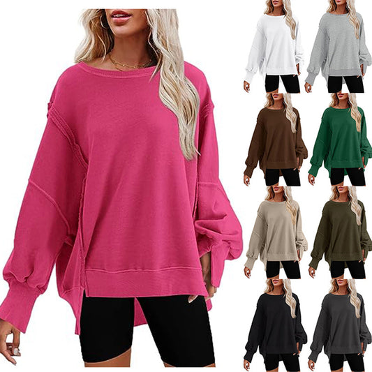 Pullover Sweatshirt Loose Round Neck Side Slit Long Sleeve