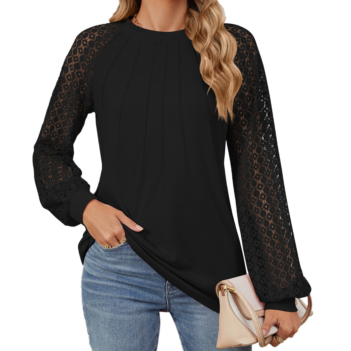 New Lace Long Sleeve Round Neck T-shirt Fashion Loose