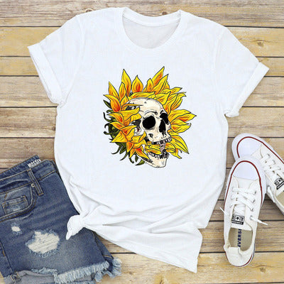 Skull Sunflower Print Short Sleeve Women