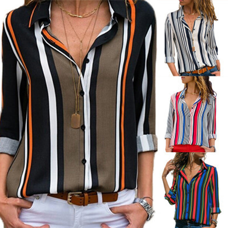 Striped Casual V-Neck Long Sleeve Chiffon Blouse Blouse