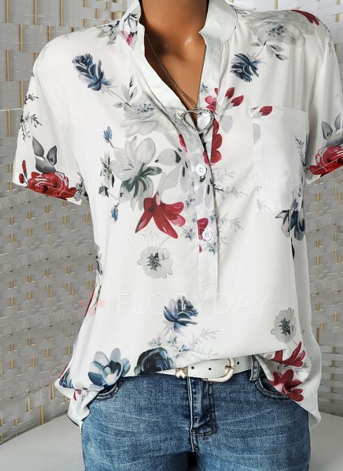 Fashion Flower Printed Tops V-neck Short Sleeve Shirt