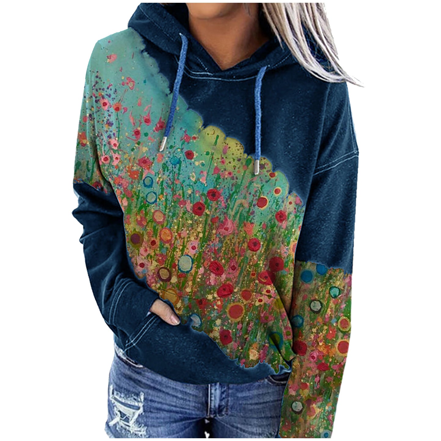 Flower print hooded long-sleeved sweatshirt