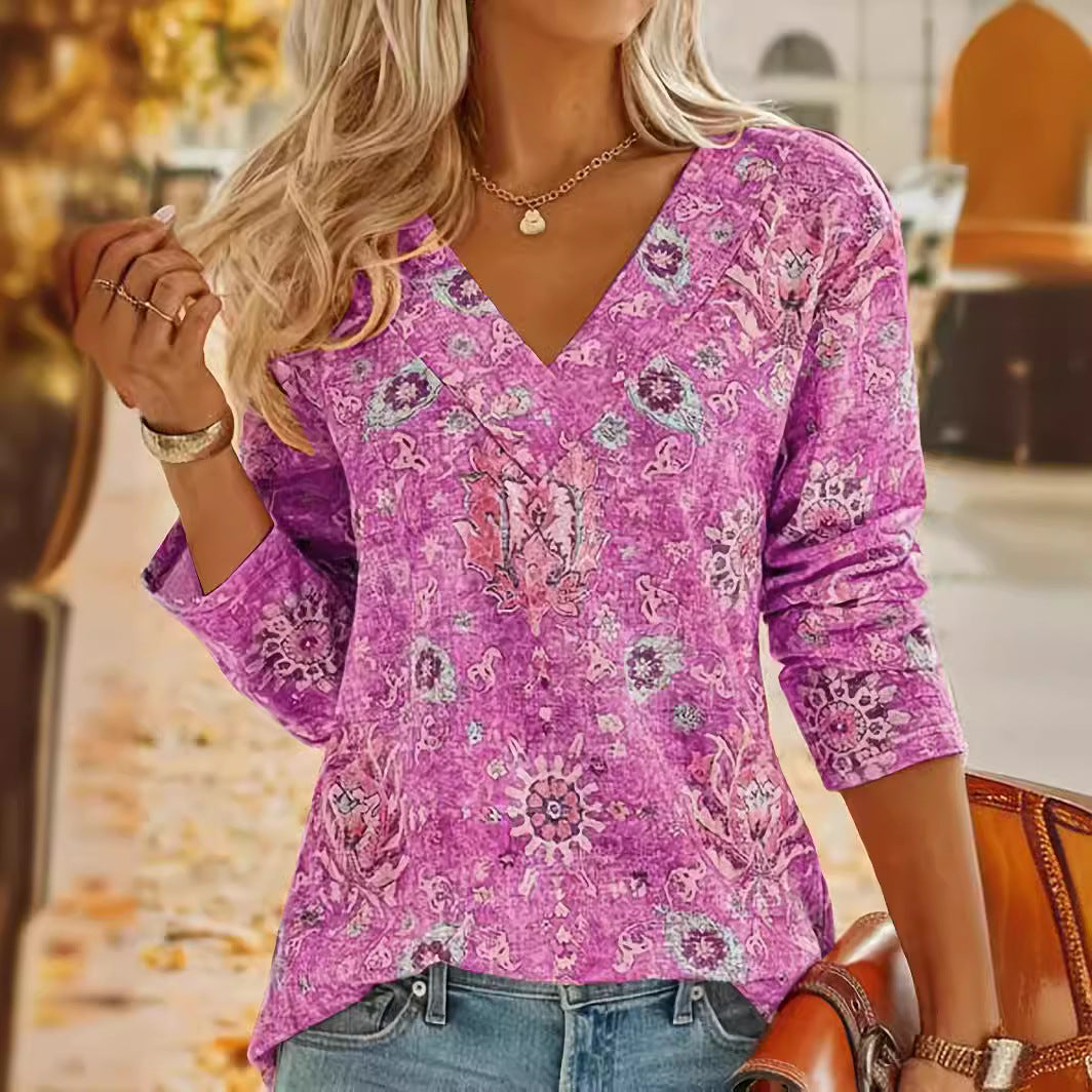 Big Size Bohemian Printed Long Sleeve T-Shirt V-Neck