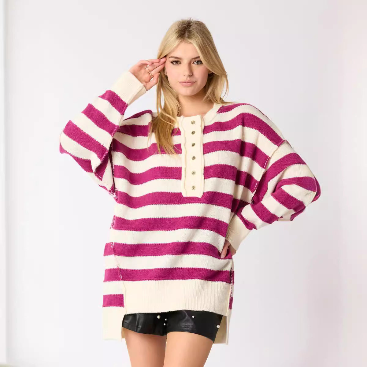 Loose Multicolor Knitted Sweater Long Sleeve Top